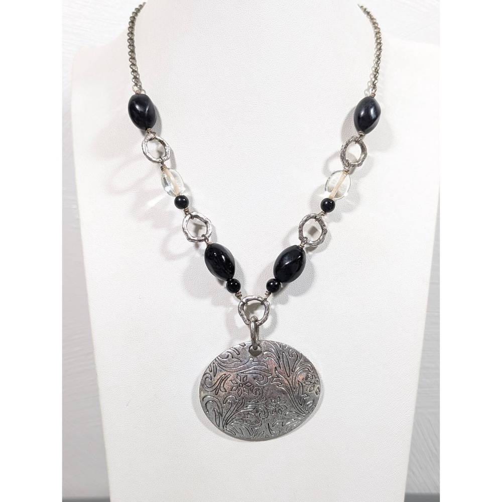 Lia Sophia Boho Black Oval Sroll Pendant Bead Necklace Bali Style 19 in